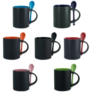 Taza de cerámica 11oz Mágica Color Negro Interior y cuchara de colores (Caja de 12)